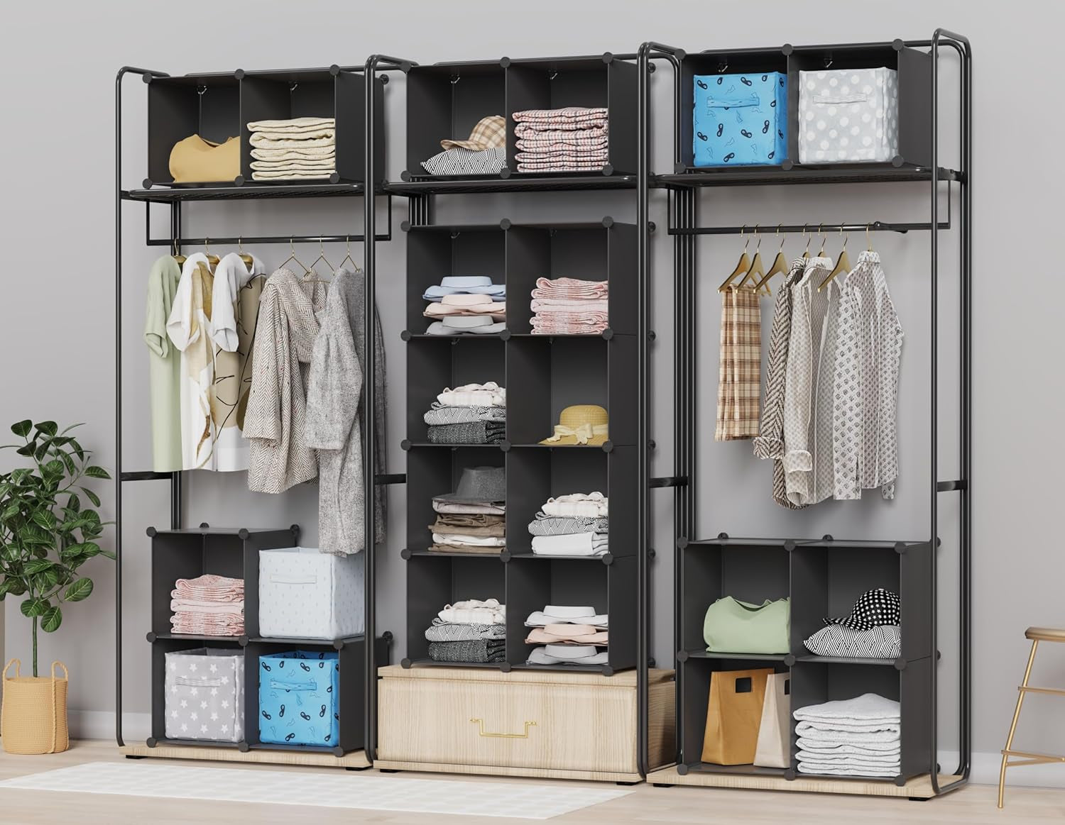 Closet Organizers and Storage, 9 Cube Storage Organizer, Portable Closet Organizer Cubes Shelves for Clothes, Bedroom, Kids Room, Bathroom, Wardrobe, Garment Racks, Black