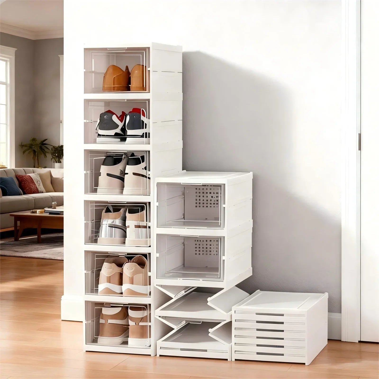 3/6 Tier Foldable Shoe Box, No Assembly Required Clear Stackable Shoe Cabinet Sneaker Storage Organizer Rack for Closet Entryway